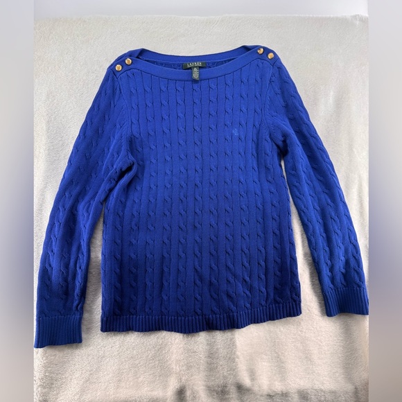Ralph Lauren Sweaters - Lauren Ralph Lauren Gold button Blue Cable Knit Crewneck Sweater size XL